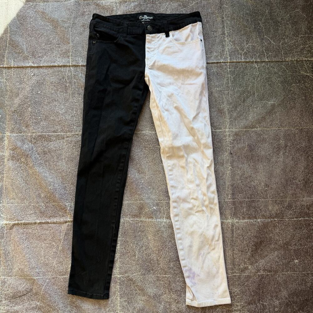 Women's Y2K Tripp NYC Royal Bones Black White Split Punk Jeans Pants Sz 31 X 31